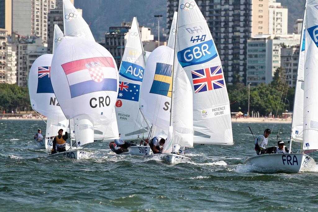 NZ Mens 470 in heavy traffic on the first downwind leg - 470 M Medal Race - 2016 Olympics © Richard Gladwell www.photosport.co.nz